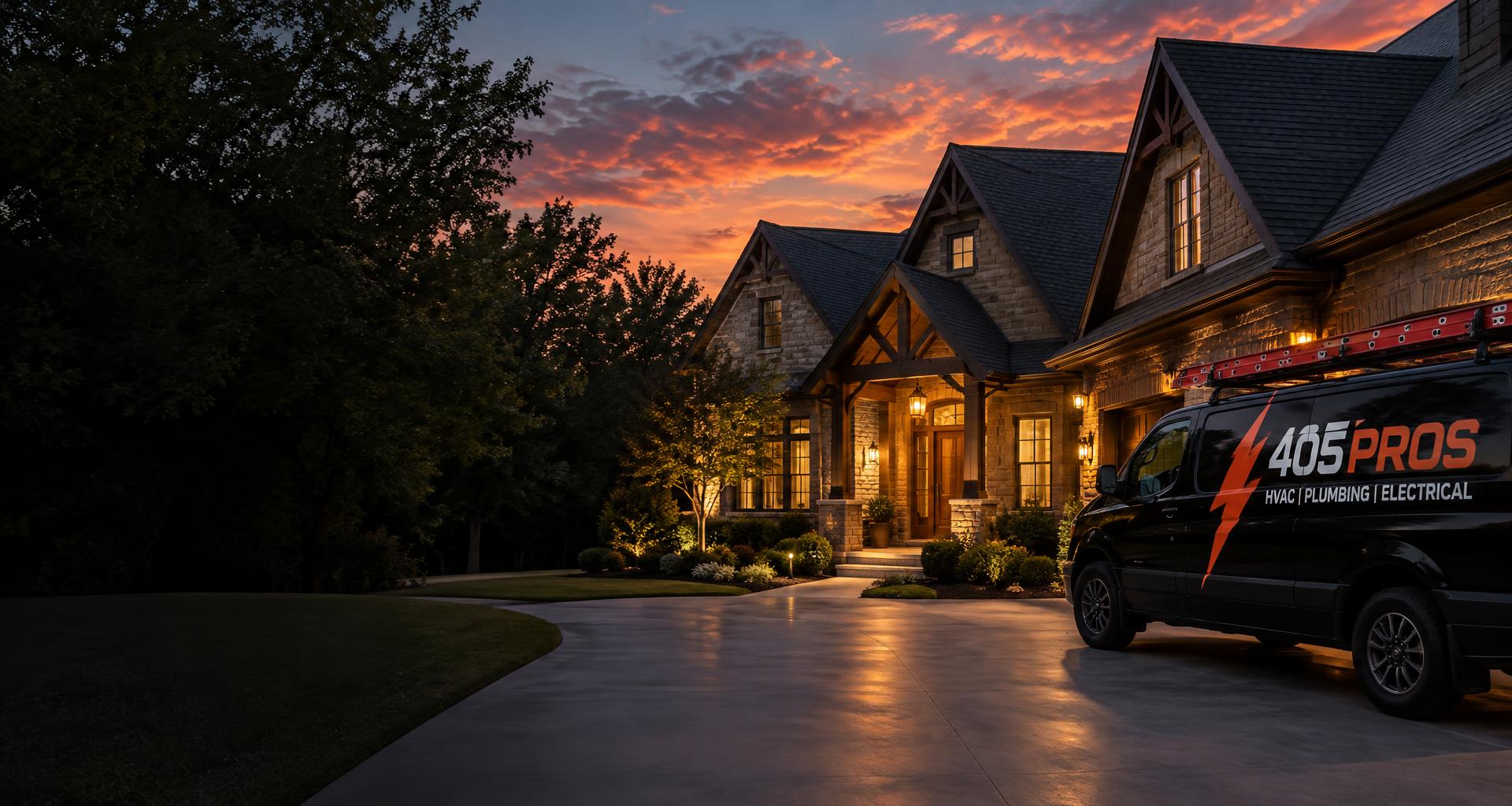 405 Pros service van outside a warmly lit Oklahoma home at sunset